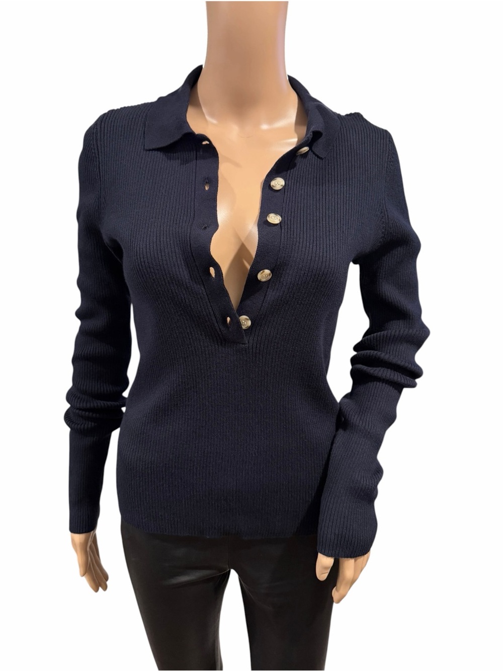 Faherty Womens Mikki Ribbed Polo Cotton Cashmere Sweater Navy Size M MSRP $168